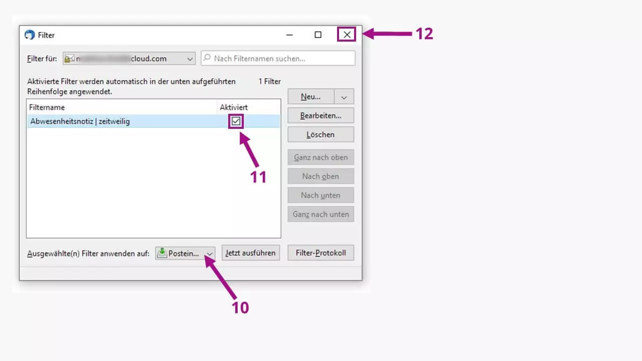 Bild: Mozilla Thunderbird Abwesenheitsnotiz: Filter aktivieren