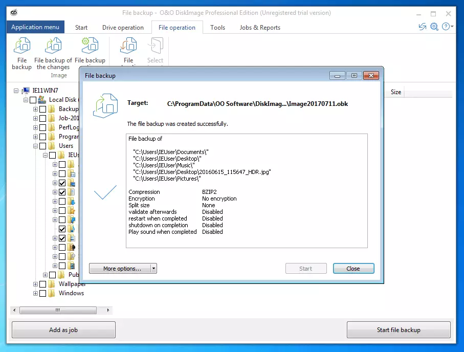 Bild: O&O DiskImage Professional 11.0: Zusammenfassung der durchgeführten Datensicherung