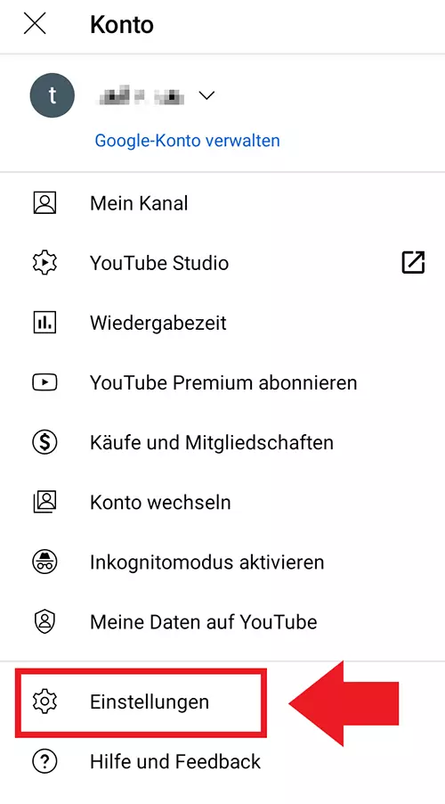 Bild: YouTube-App: Punkt „Einstellungen“