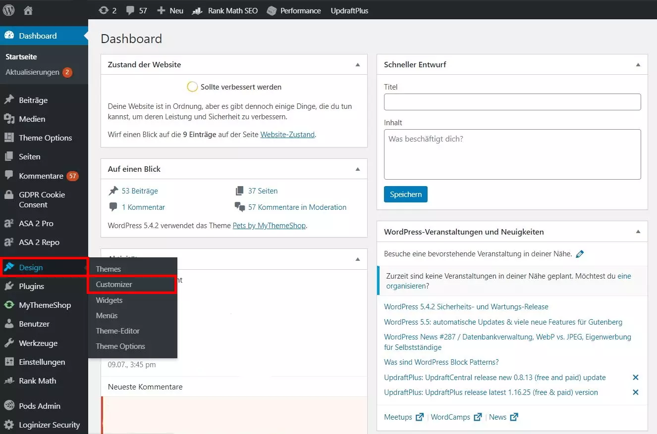 Bild: Customizer, mit dem sich ein Favicon in WordPress einfügen lässt, im Dashboard von WordPress