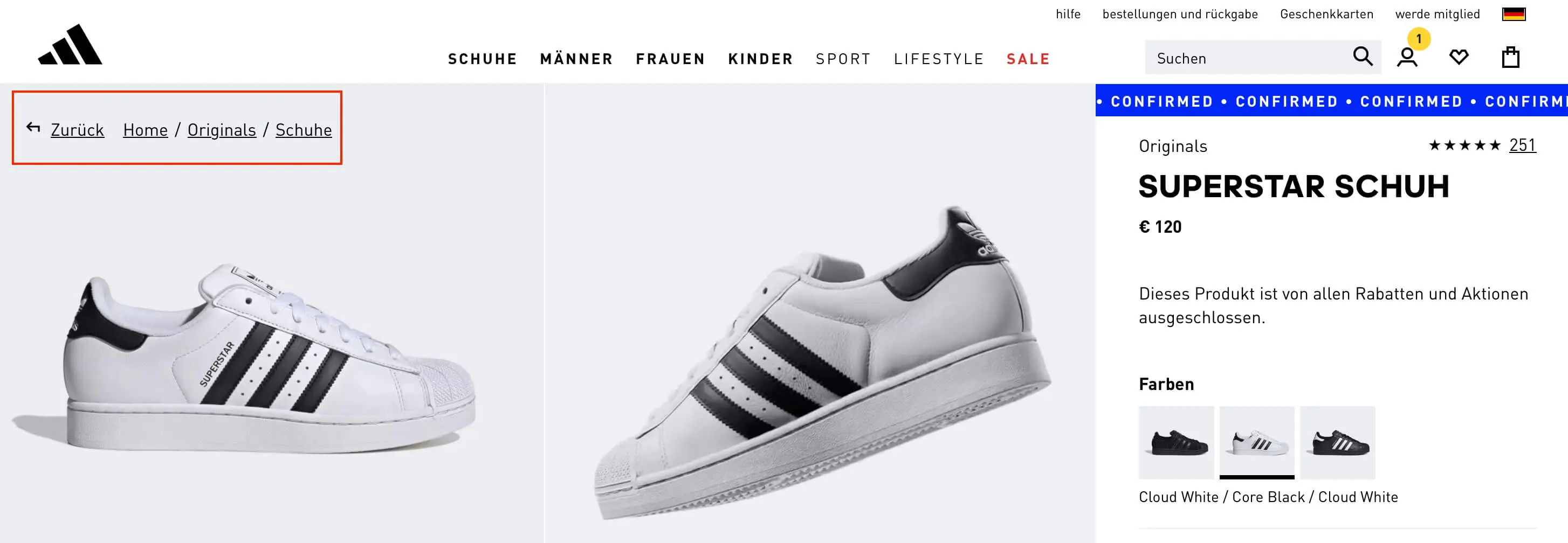 Bild: Screenshot der Adidas-Schuhekategorie