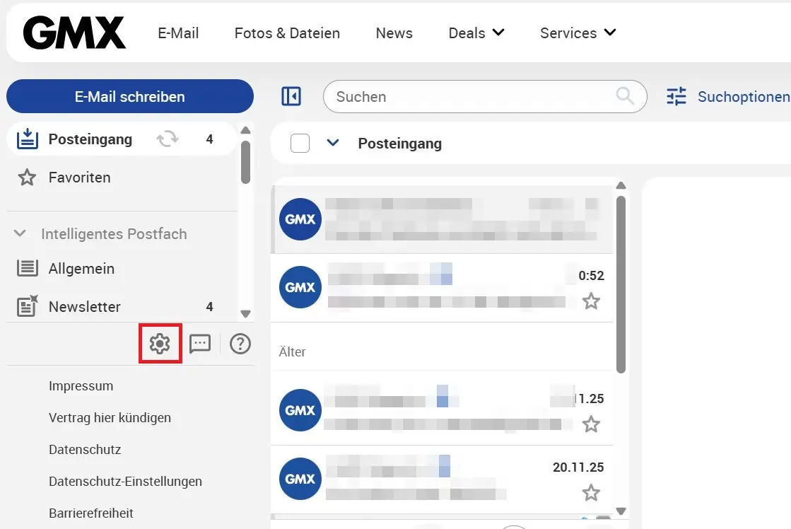 Bild: GMX: Einstellungen aufrufen