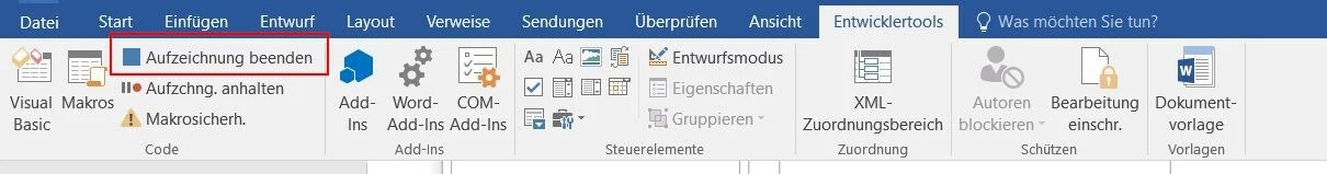Bild: Entwicklertools-Registerkarte in Word 2016