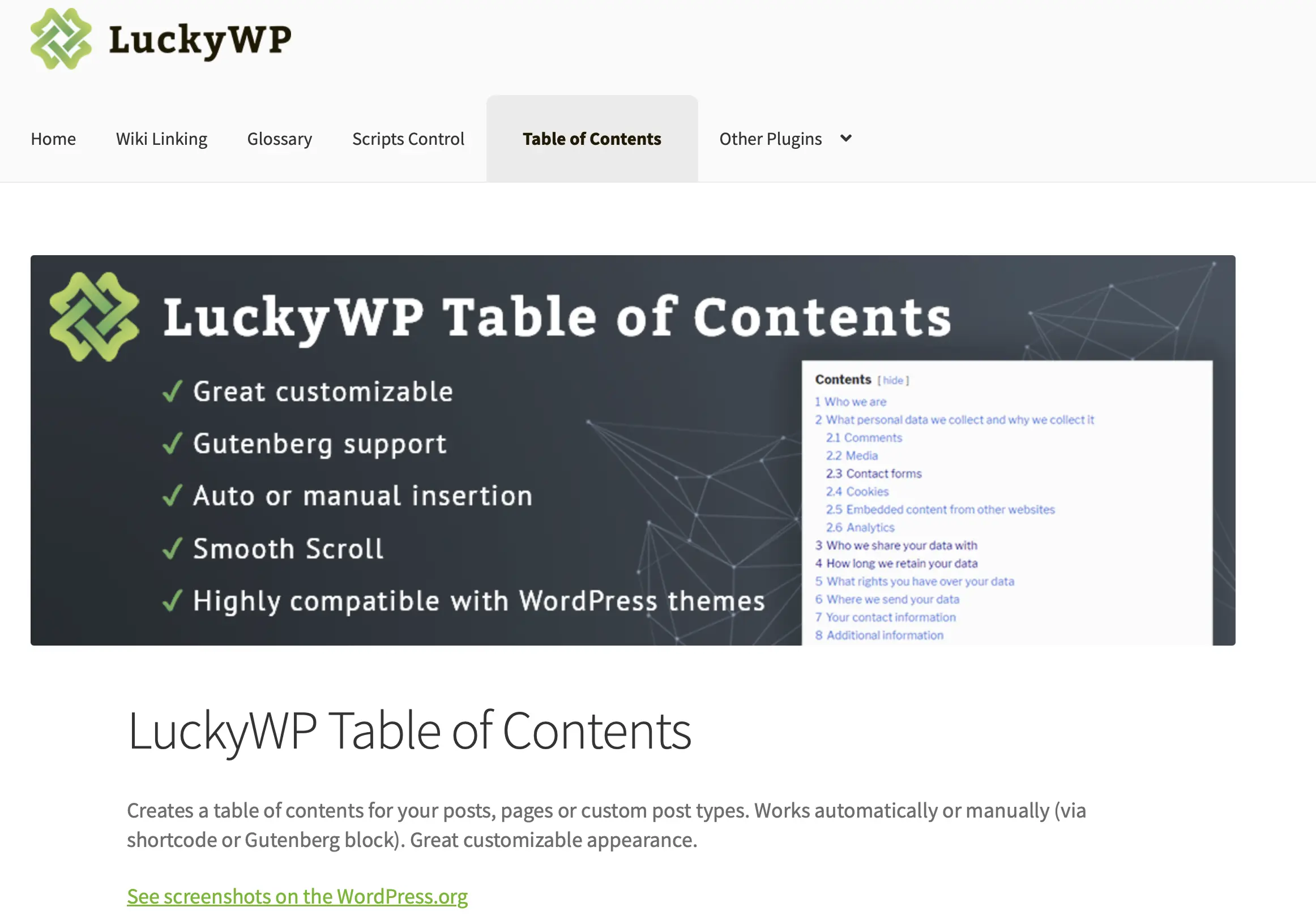 Bild: Informationsseite zu „LuckyWP Table of Contents“ auf der Entwickler-Website
