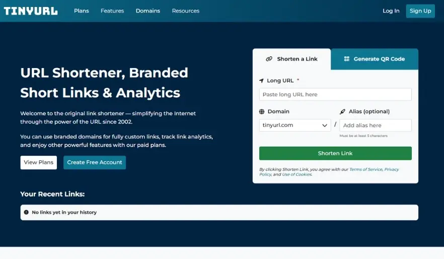 Screenshot des URL Shortener TinyURL-Homepage Bild: Screenshot des URL Shortener TinyURL-Homepage