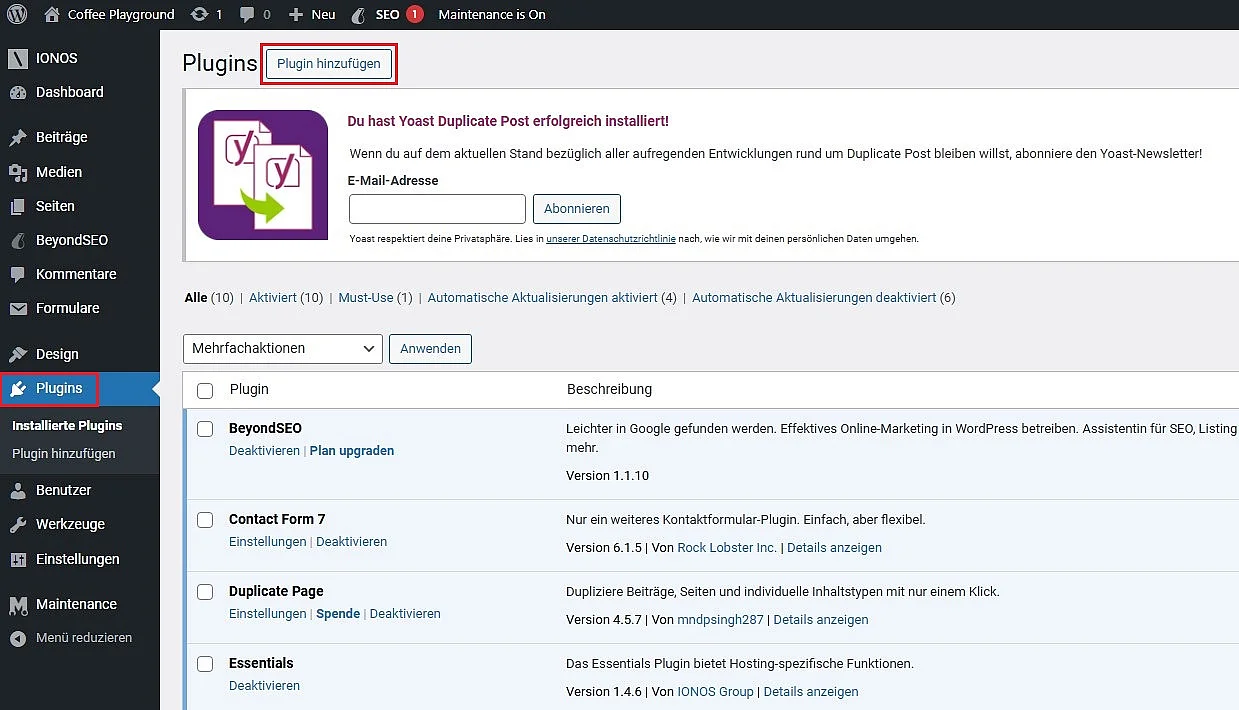 Bild: Plugins-Bereich im WordPress-Backend