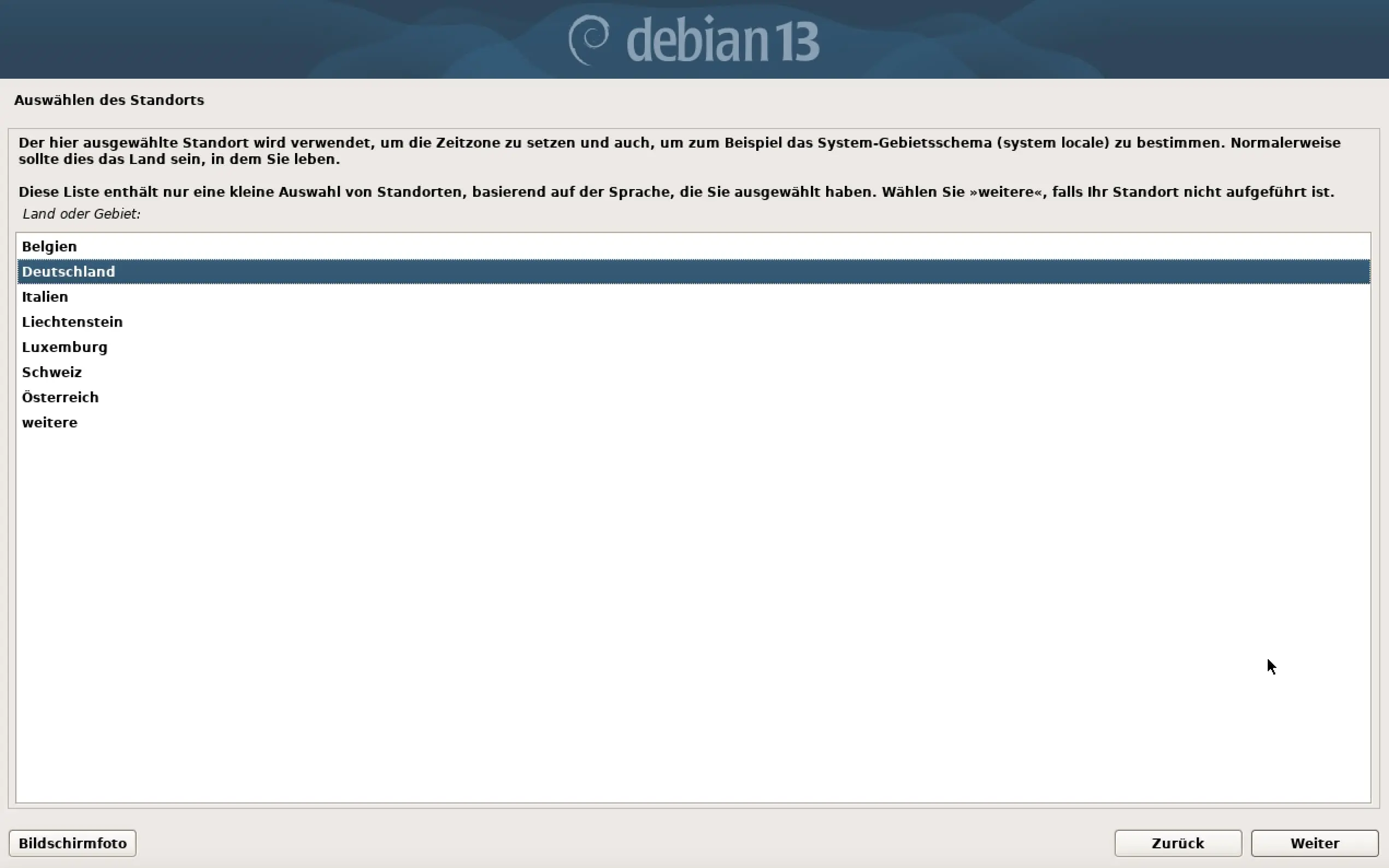 Bild: Screenshot der Debian-13-Installation: Standort wählen
