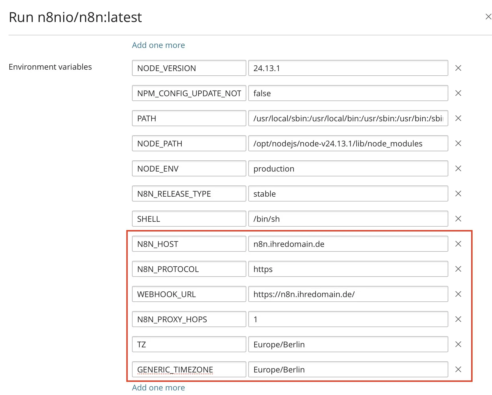 Bild: Plesk: n8n-Container Umgebungsvariablen