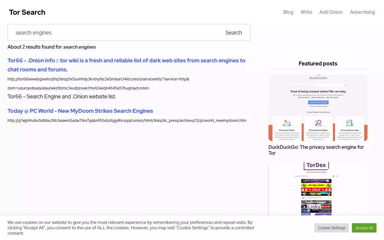 Bild: Tor Search-Suchergebnisse für den Begriff „search engines“
