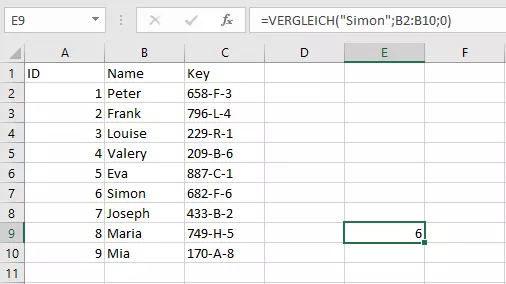 Bild: Beispiel in Excel mit VERGLEICH-Funktion