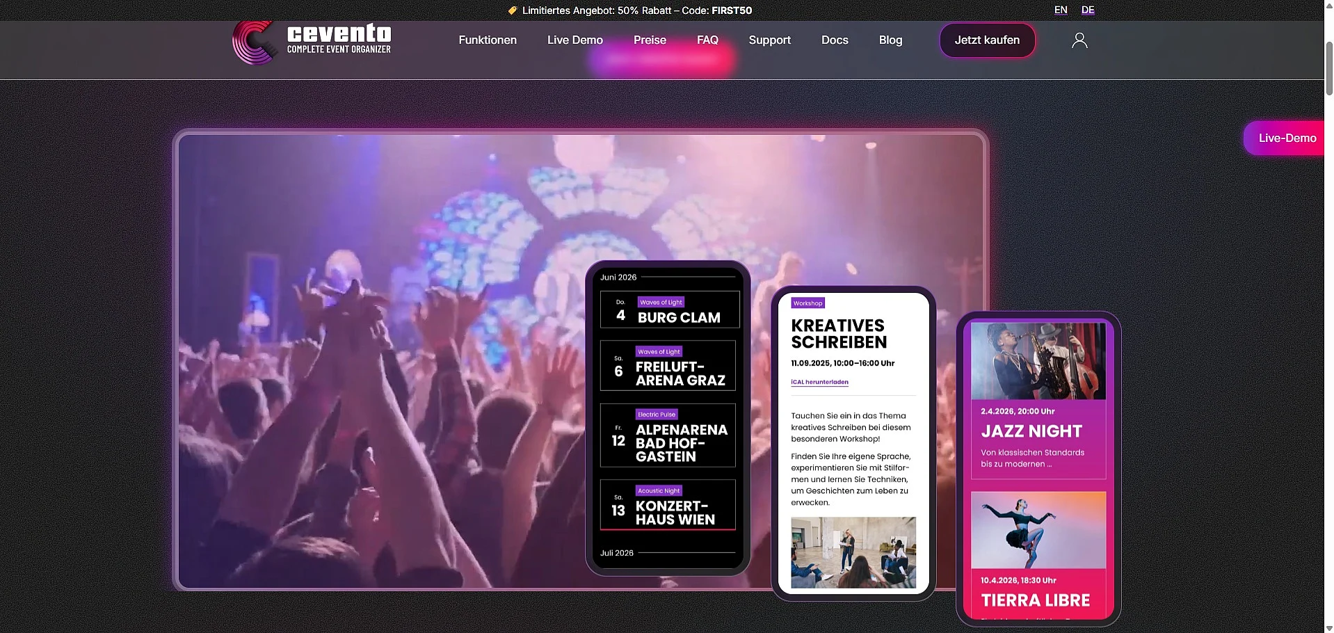 Screenshot der offiziellen Website von Cevento Bild: Screenshot der offiziellen Website von Cevento