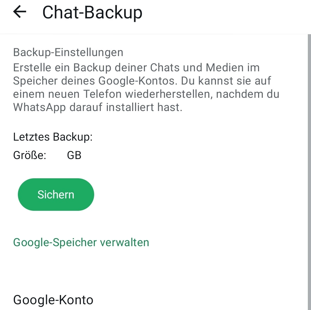 Android-Screenshot vom Backup-Menü in WhatsApp Android-Screenshot vom Backup-Menü in WhatsApp