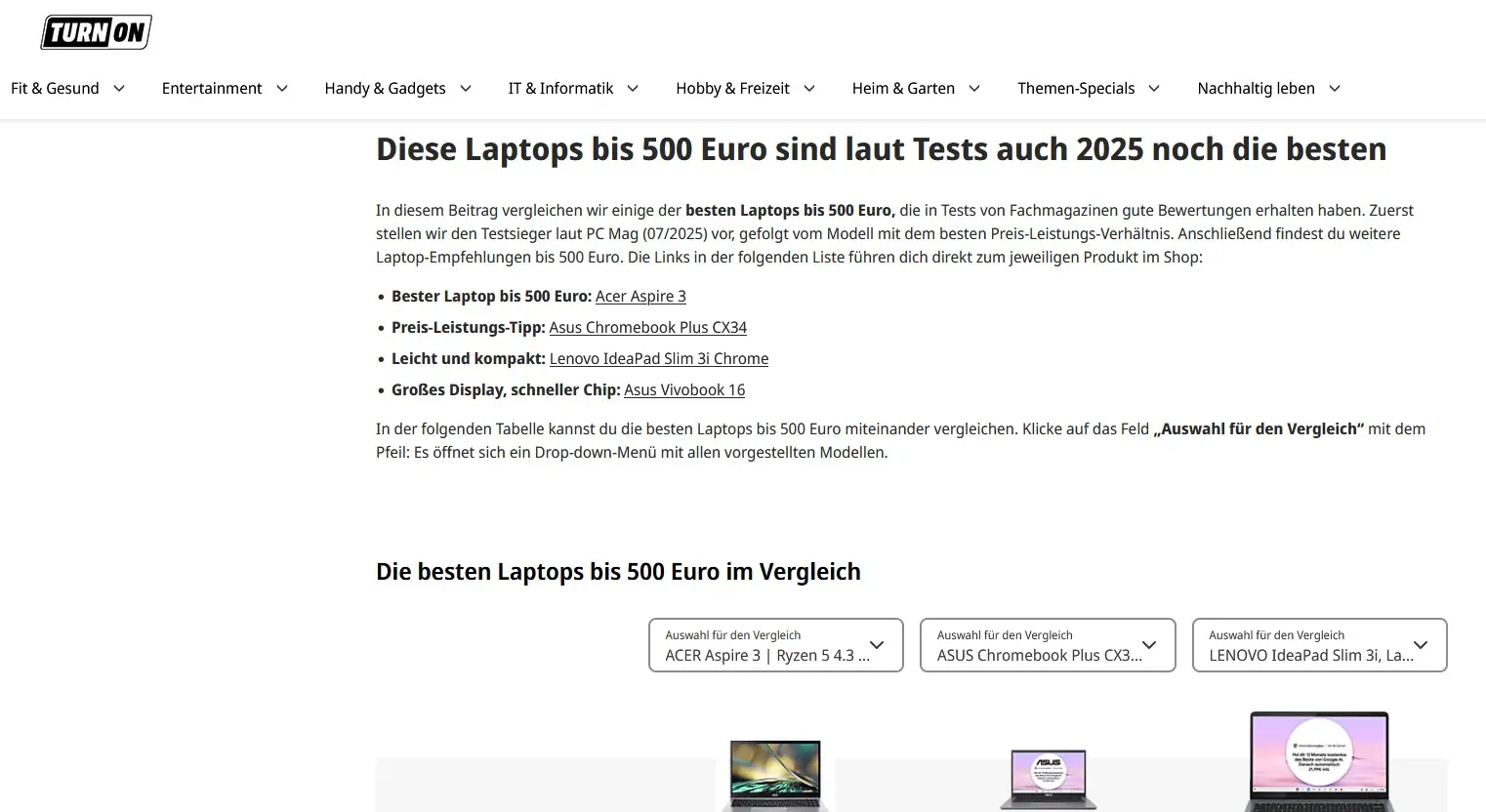 Bild: Mediamarkt.de Landingpage bei der Suche „Notebooks bis 500 Euro“