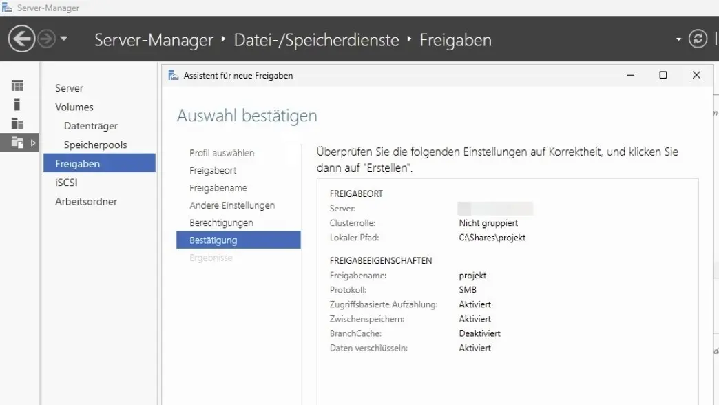 Erstellen der neuen Freigabe im Server-Manager Bild: Erstellen der neuen Freigabe im Server-Manager