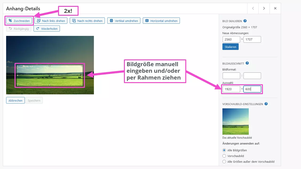 Festlegen der neuen Bildgröße in der WordPress-Mediathek Festlegen der neuen Bildgröße in der WordPress-Mediathek