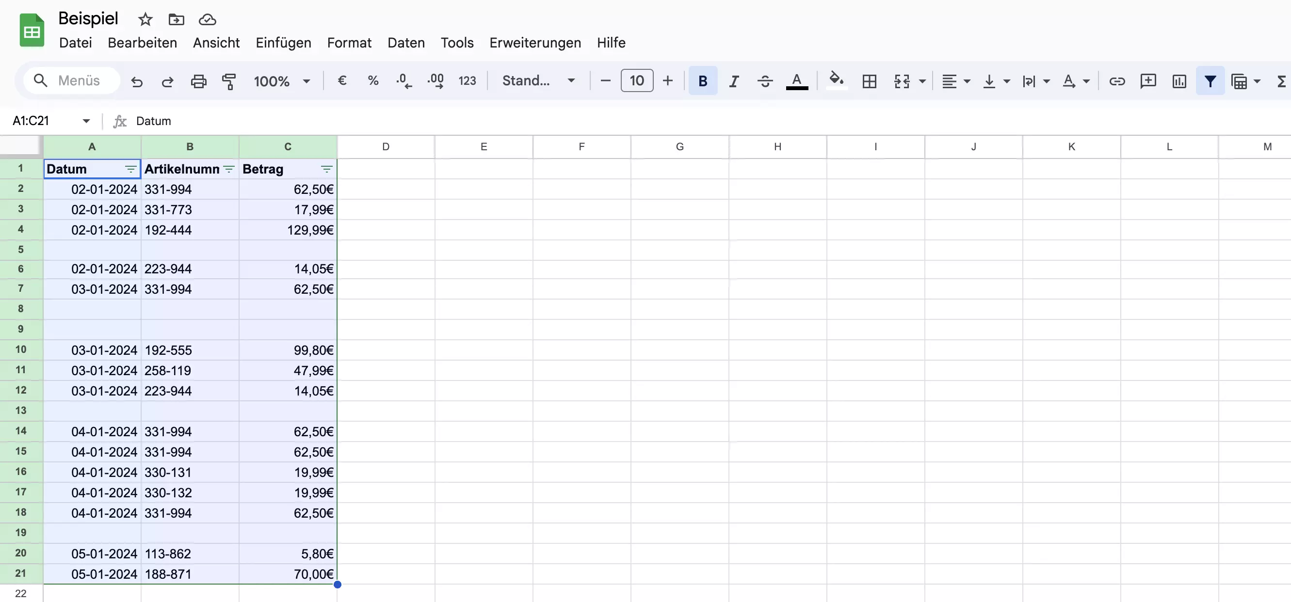Screenshot eines Filters in Google Sheets Screenshot eines Filters in Google Sheets