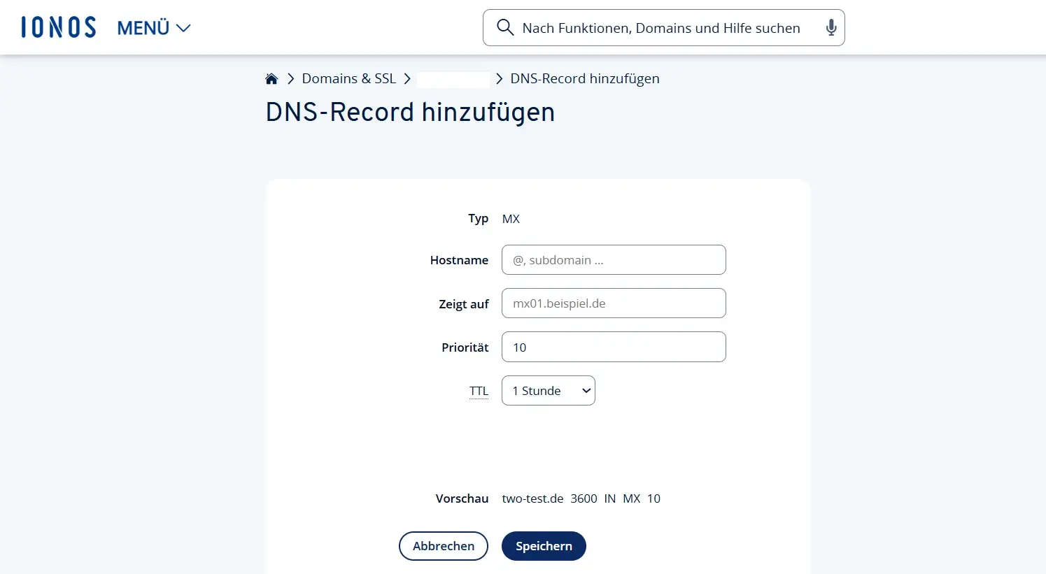 Bild: Bild: IONOS Cloud Panel: DNS-Record hinzufügen