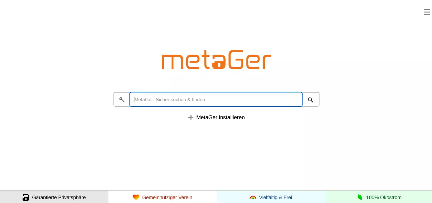 Screenshot der Startseite von MetaGer