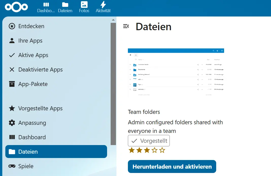 Bild: „Team folders“-App im Nextcloud-App-Store