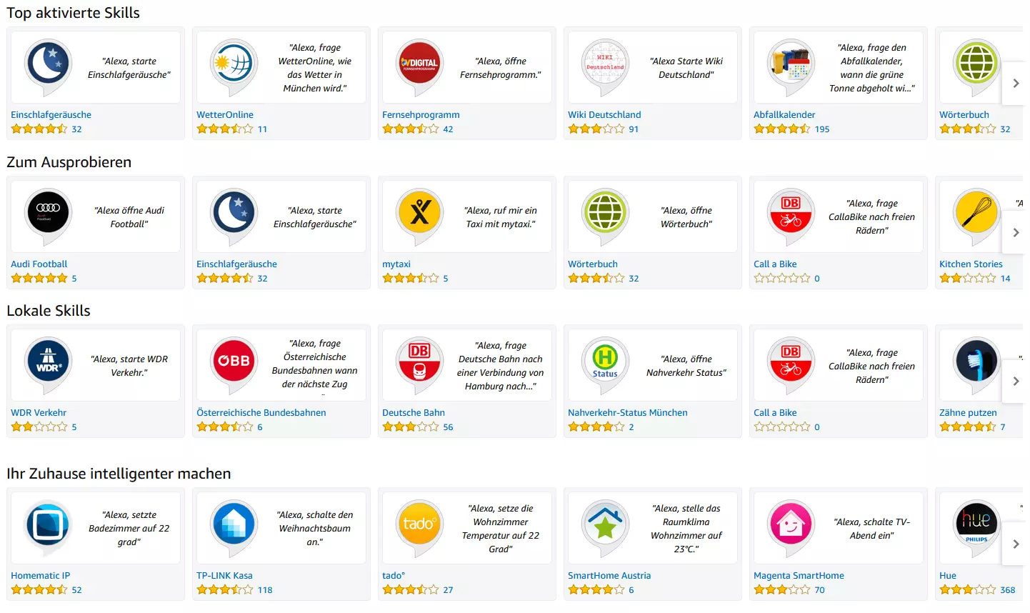 Bild: Screenshot der Startseite von der Rubrik „Alexa Skills“ auf amazon.de