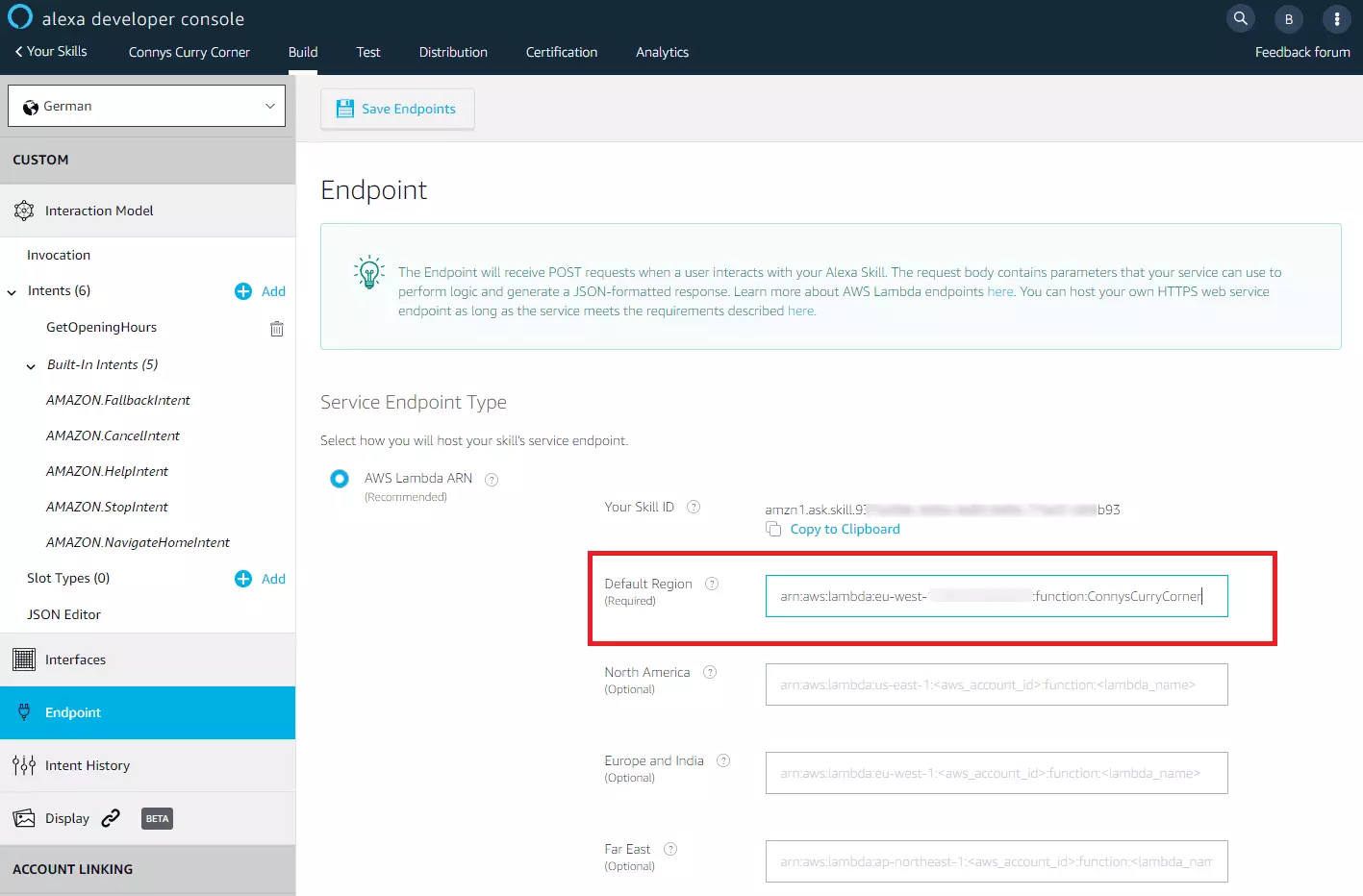 Bild: Alexa-Developer-Konsole: Konfigurationsmaske für den Web-Service-Endpoint