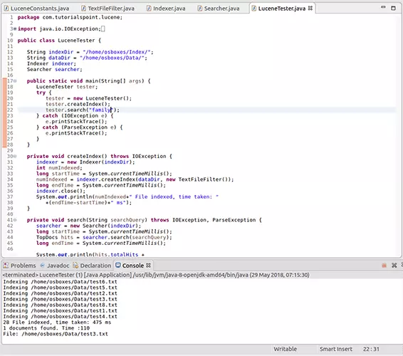 Bild: Quellcode in Eclipse und Ergebnis einer Lucene-Suchanfrage in der Konsole