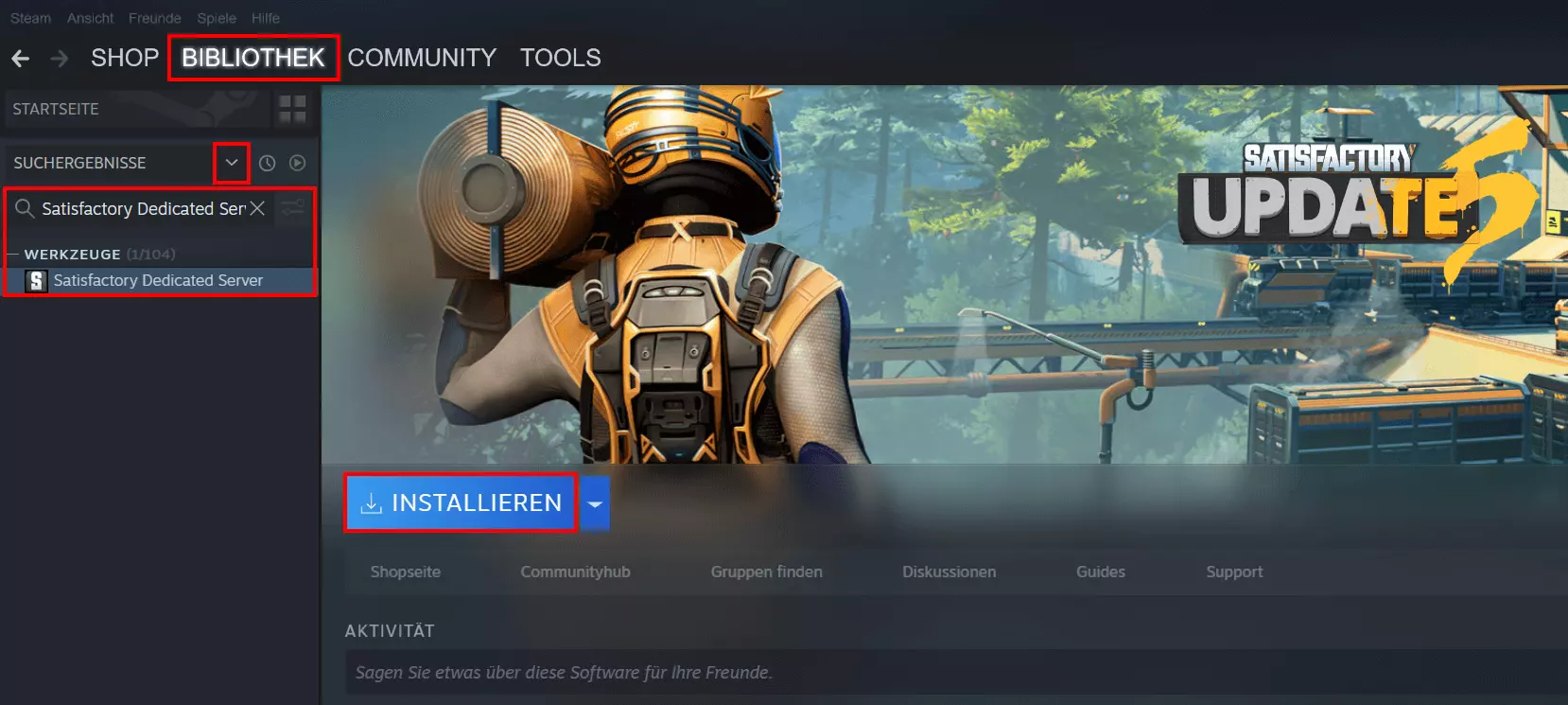 Bild: Steam-Client: Installation der Satisfactory-Dedicated-Server-Software