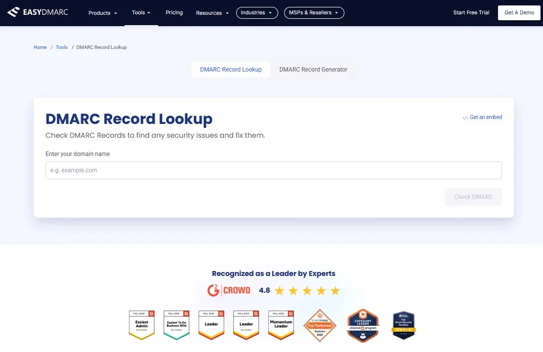 Bild: Screenshot des DMARC Record Lookup Tools von easydmarc.com