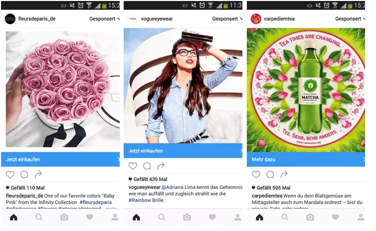 Werbeanzeige des Online-Blumengeschäfts Fleurs de Paris, der Marke Vogue Eyewaer & des Getränkeherstellers Carpe Diem.