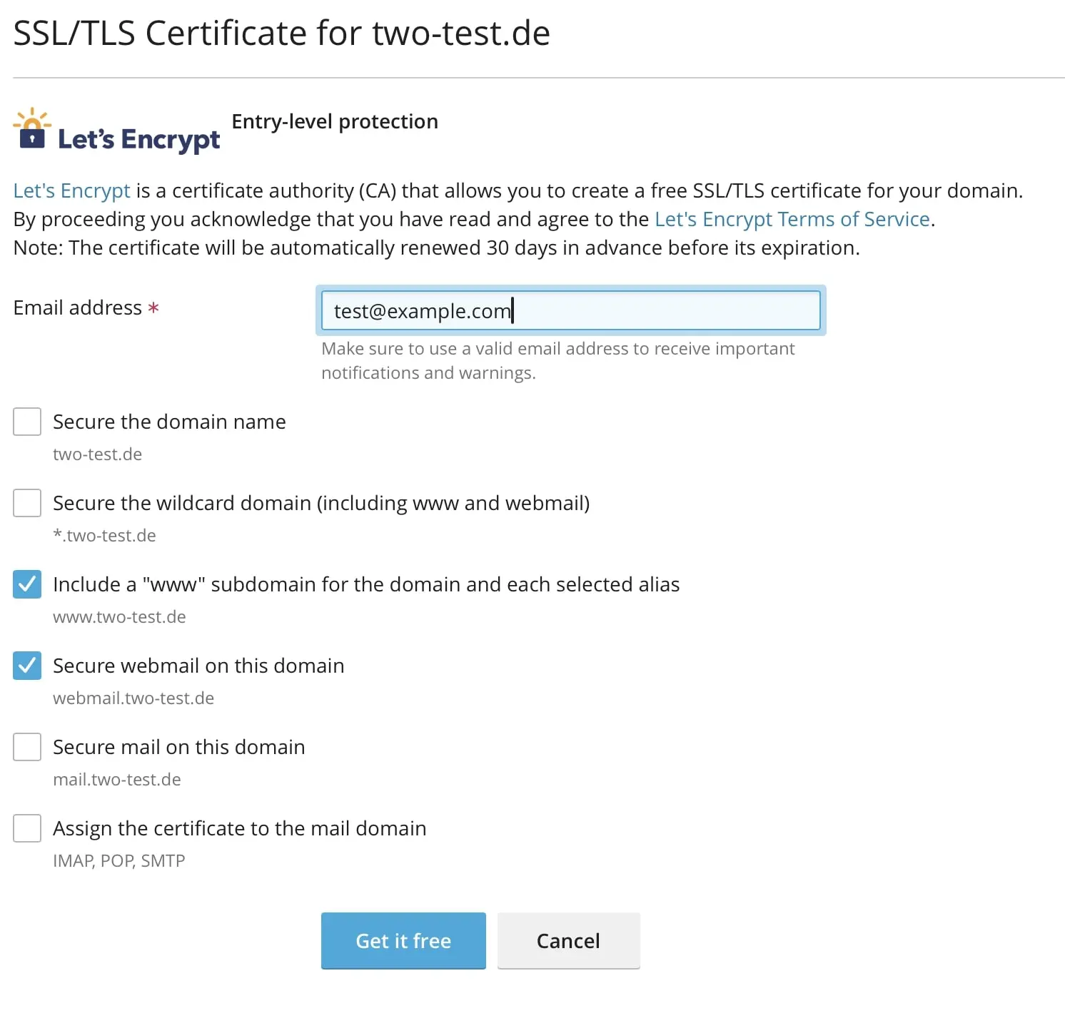 Let’s Encrypt Optionen. Bild: Let’s Encrypt Optionen.