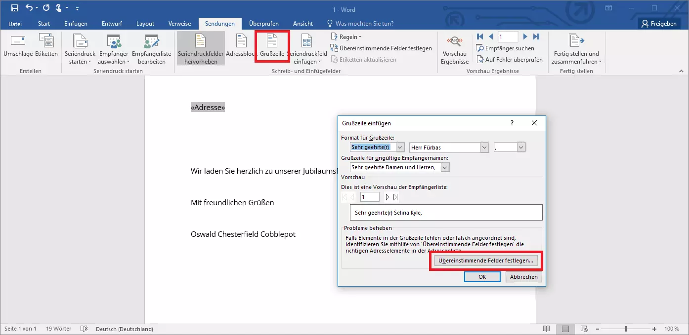 Bild: Auswahlmenü „Grußzeile“, über das man einen Serienbrief in Word konfigurieren kann