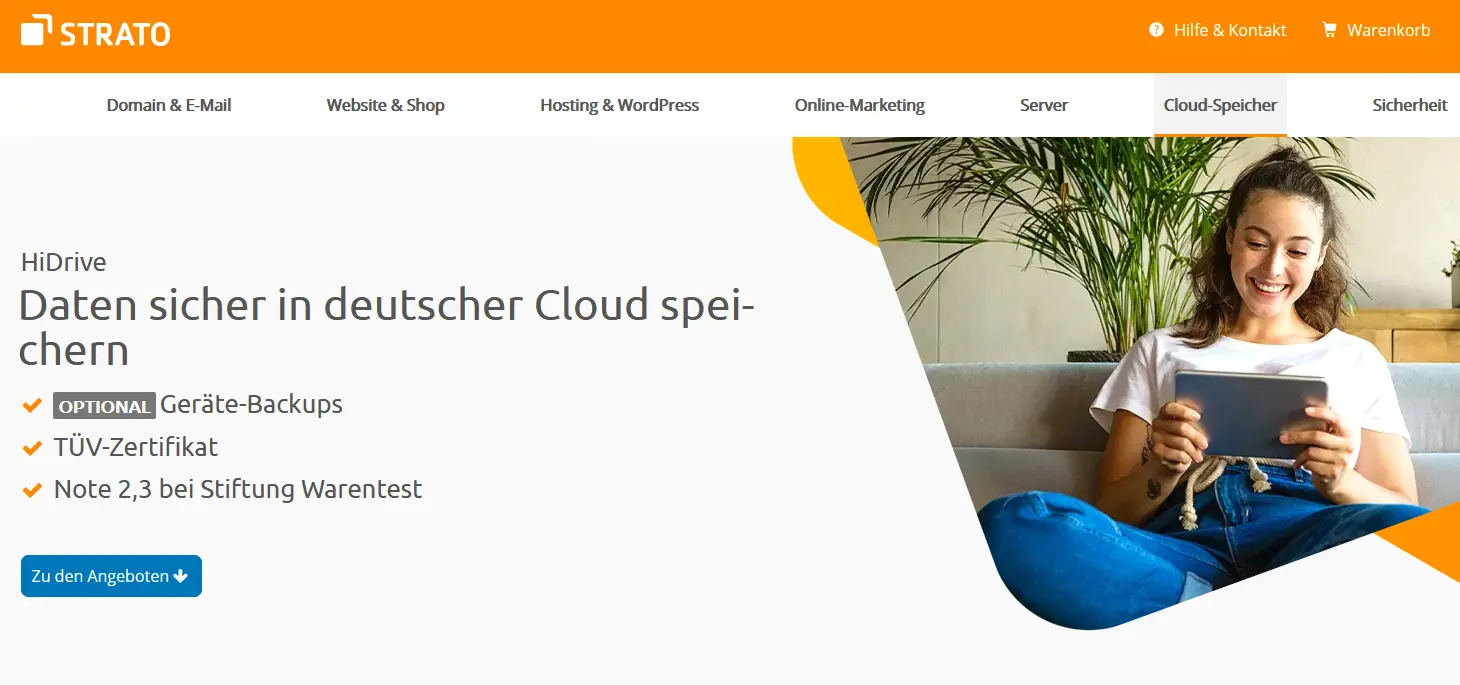 Bild: Die Homepage des deutschen Cloud-Speichers HiDrive STRATO