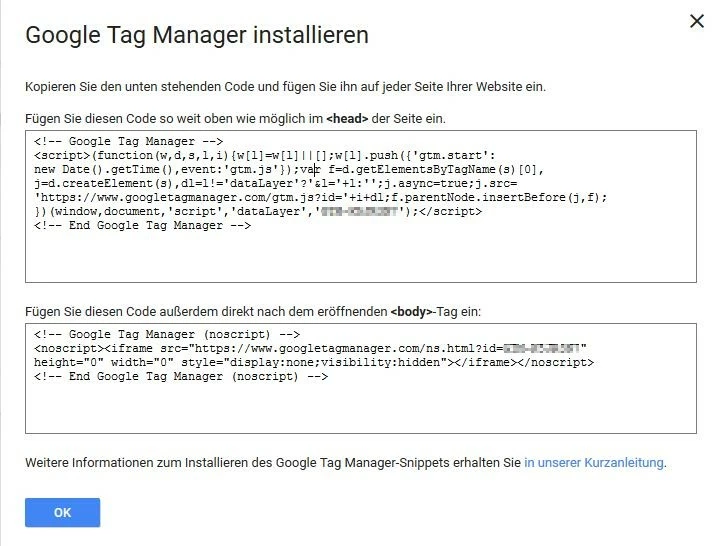 Bild: Google Tag Manager: Code-Eingabefelder zur Implementierung