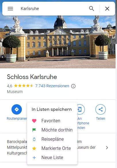 Bild: Screenshot der Speicherfunktion eines Orts bei Google Maps
