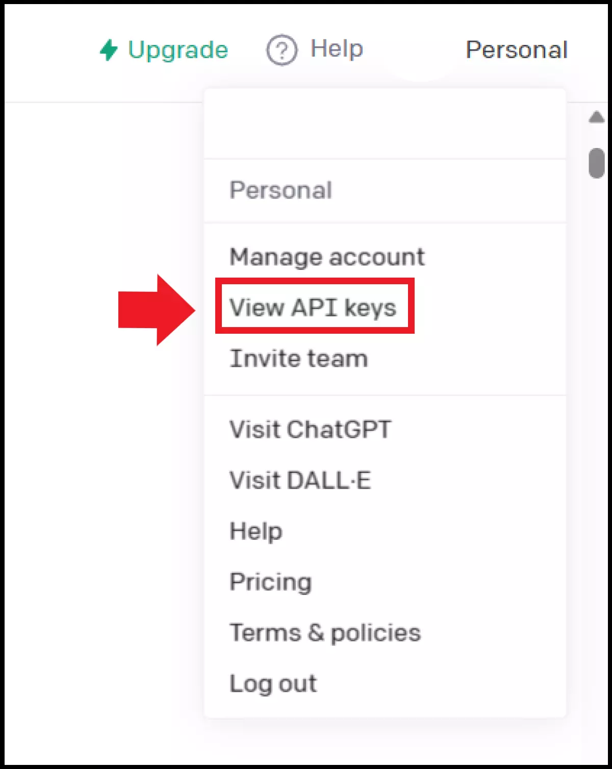 Der Punkt „View API Keys“ im Benutzermenü Der Punkt „View API Keys“ im Benutzermenü