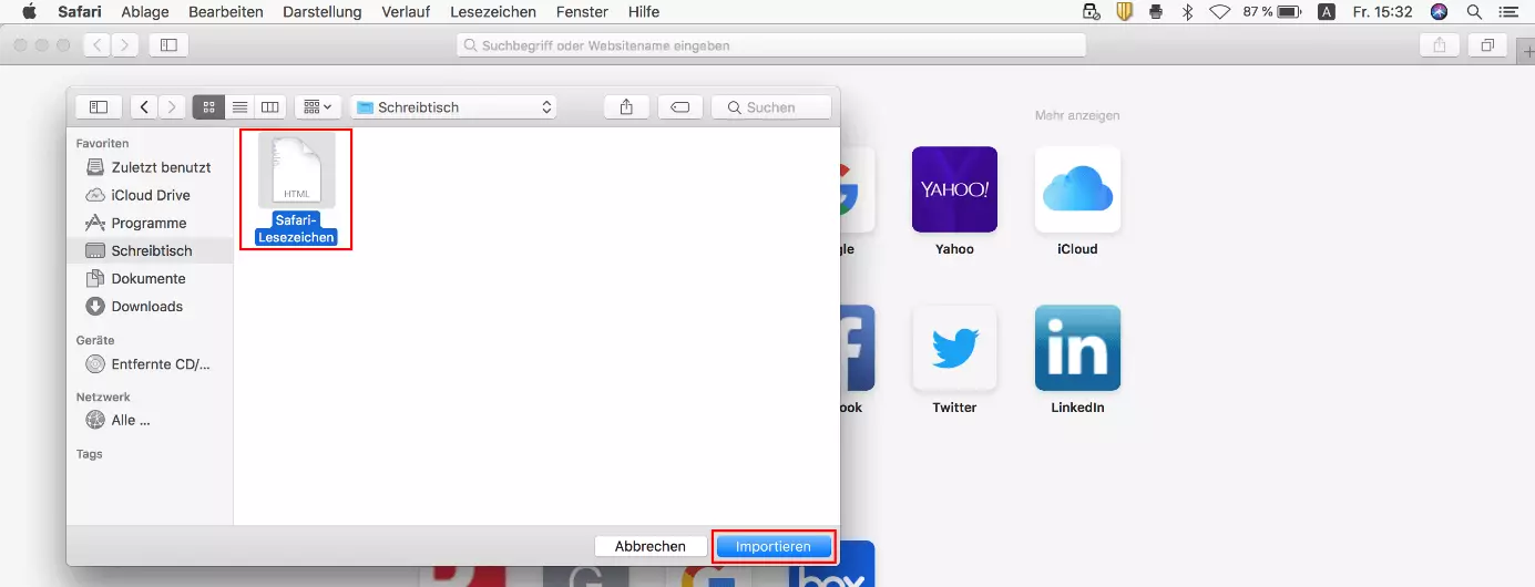 Bild: Auswahl der HTML-Lesezeichen-Datei im macOS-Finder