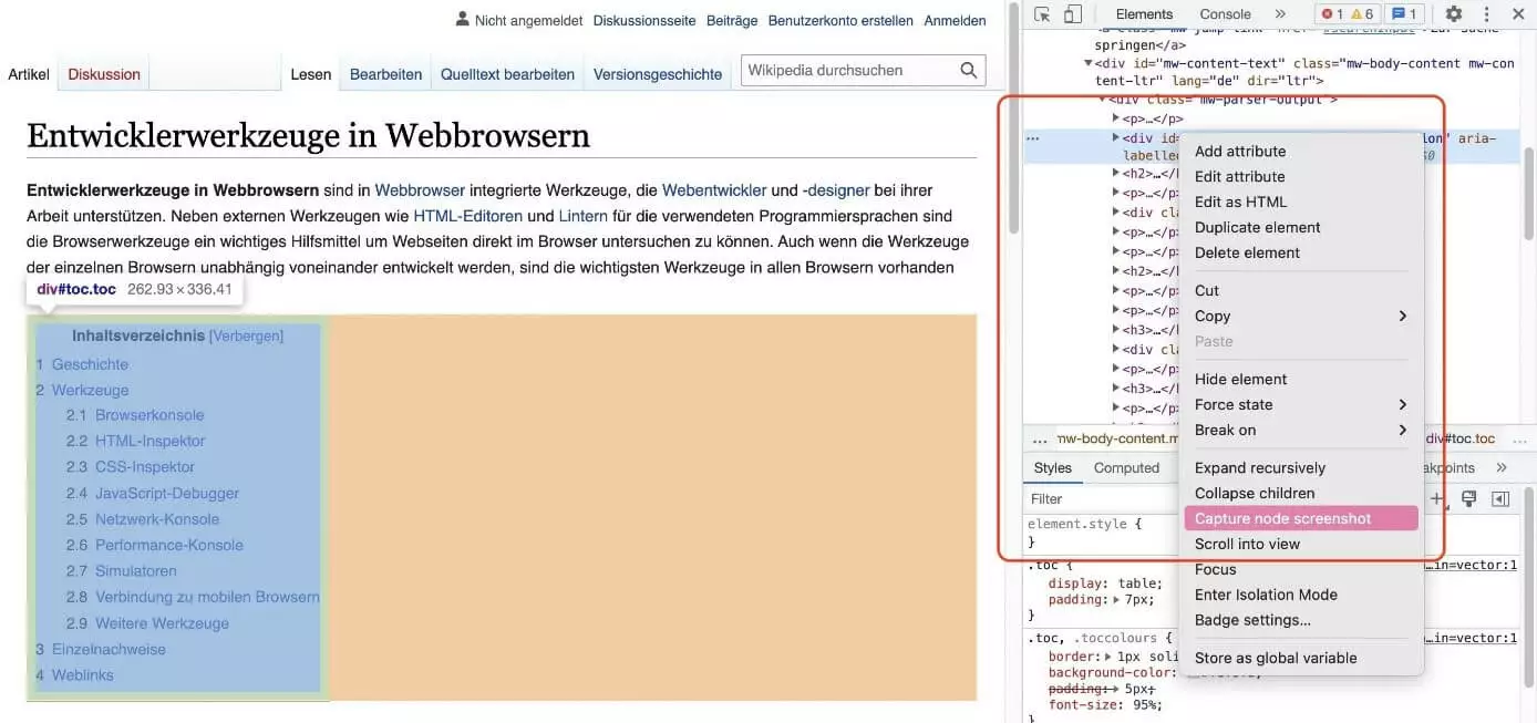 Bild: Screenshot eines Elements in den Chrome-Entwicklertools anlegen