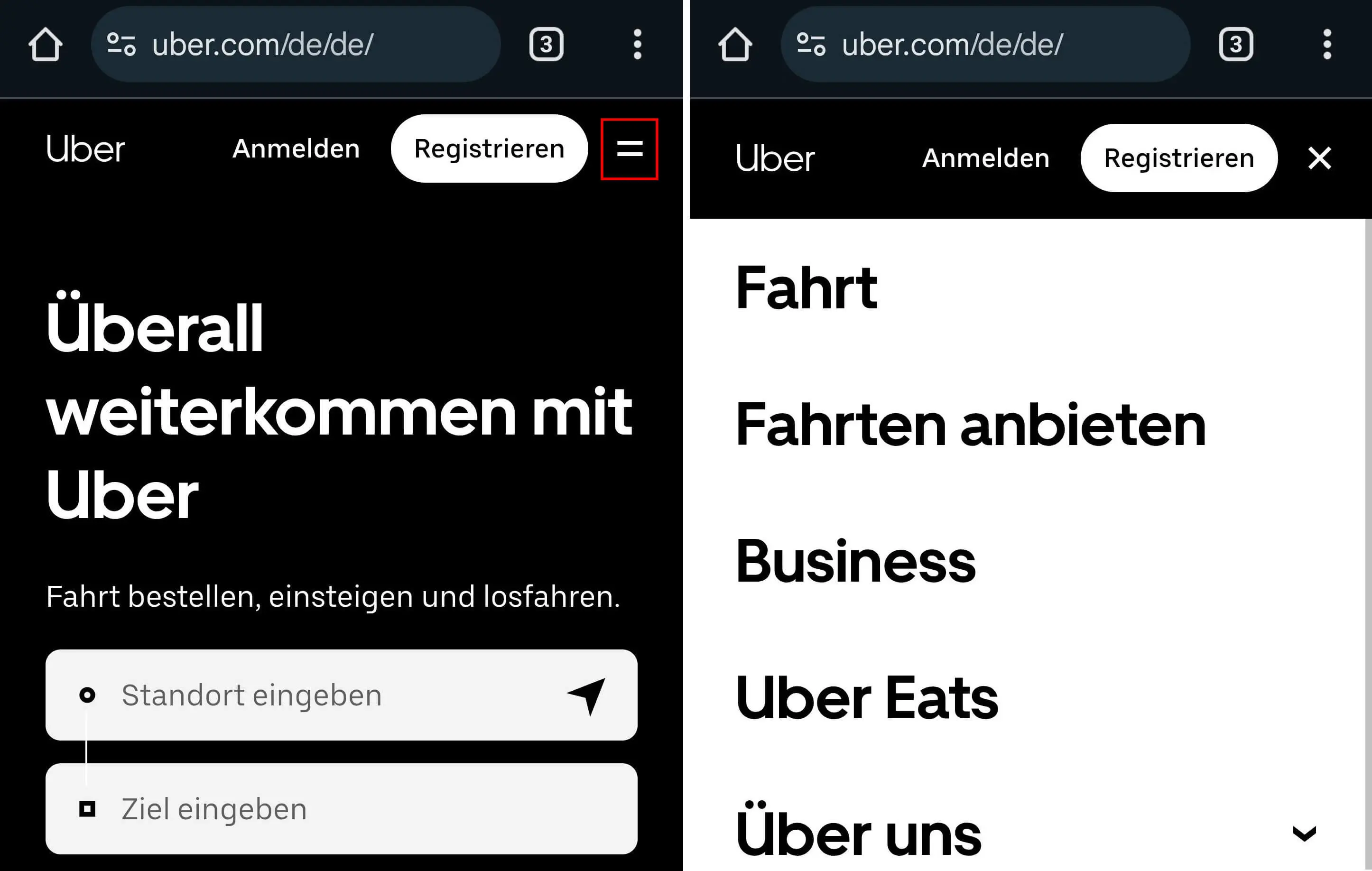 Bild: Off-Canvas-Navigation von Uber