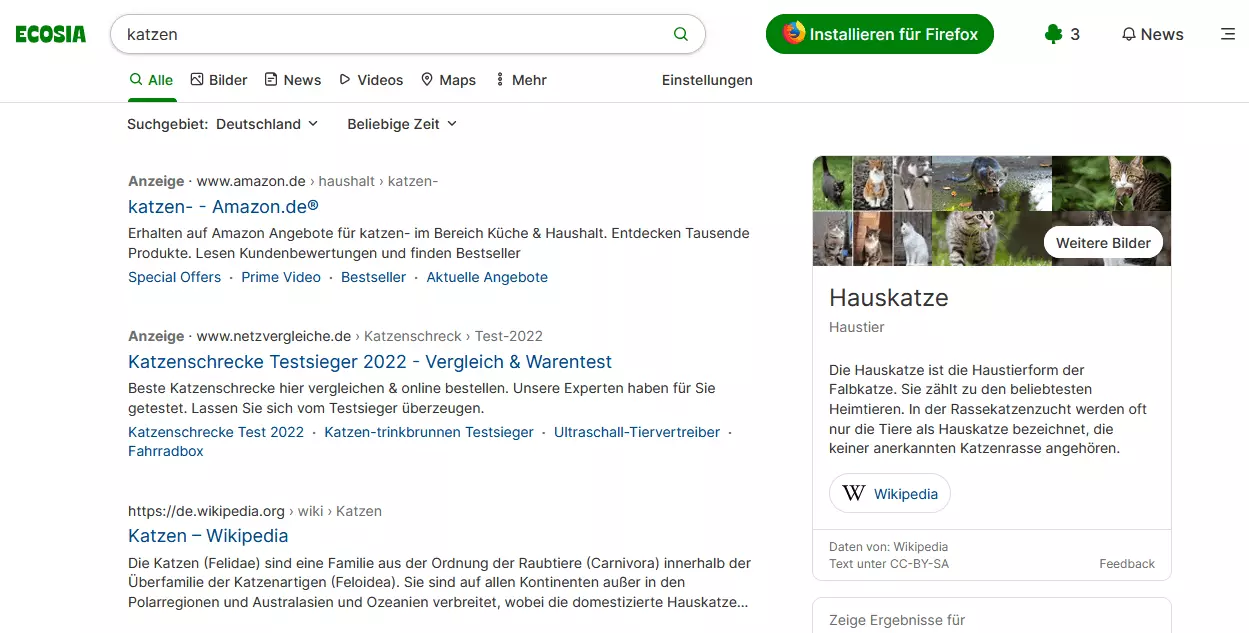 Bild: Ecosia-Suchergebnisse für den Begriff „Katzen“