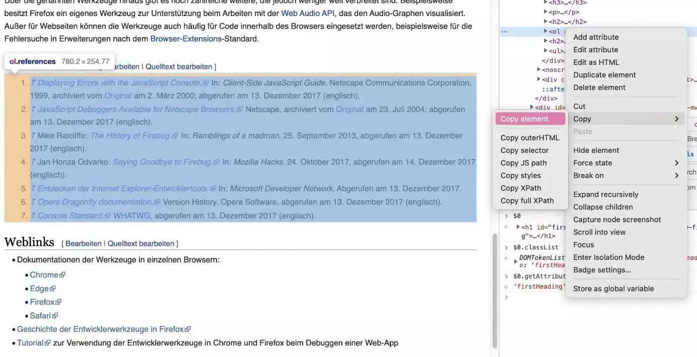 Bild: Kopieren eines Elements in den Chrome Developer Tools