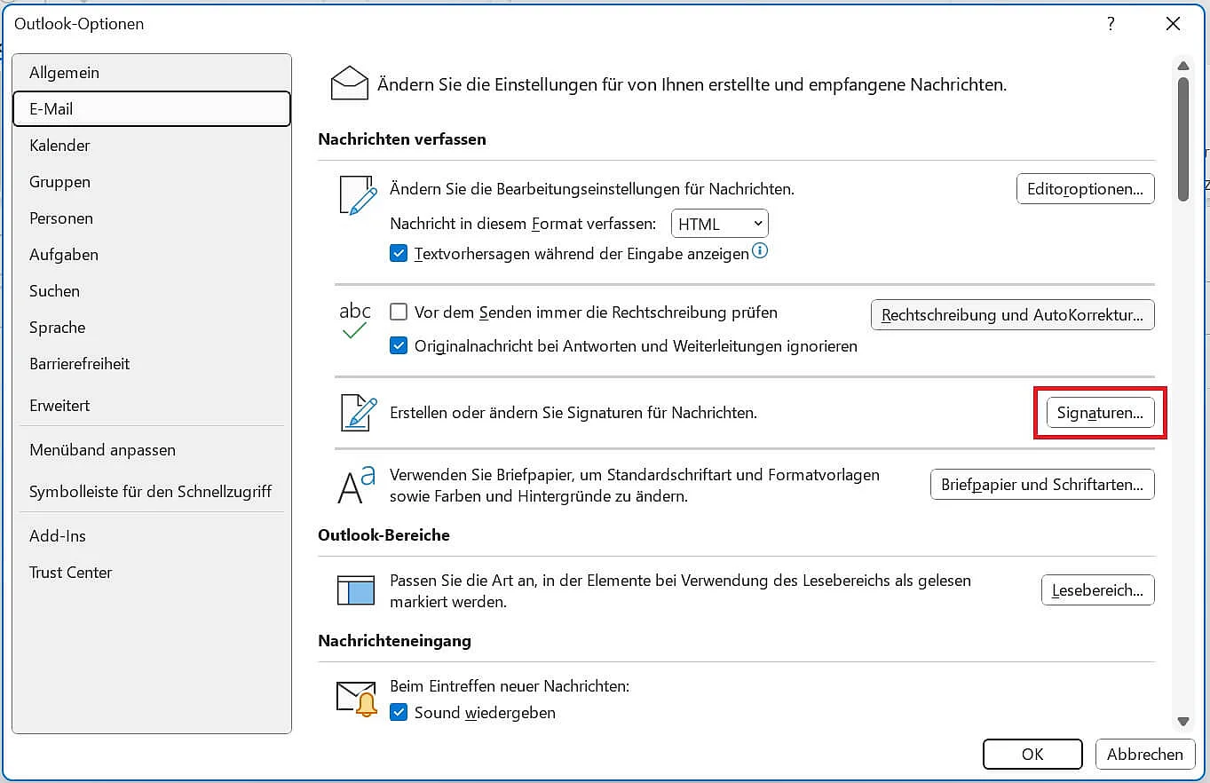 Outlook-Menü „E-Mail“: Signatur erstellen Bild: Outlook-Menü „E-Mail“: Signatur erstellen