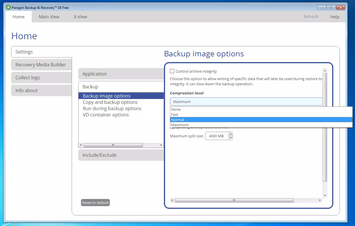 Bild: Paragon Backup & Recovery 16 Free: Backup-Image-Optionen zur Kompression