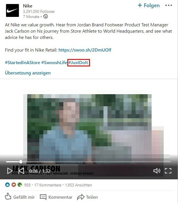 LinkedIn: Nike-Marken-Hashtag „JustDoIt“