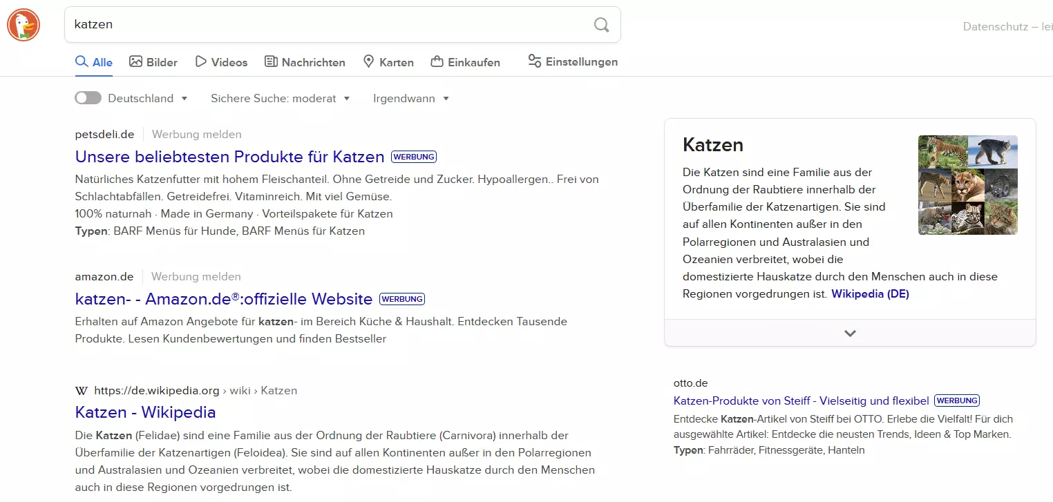 Bild: DuckDuckGo-Suchergebnisse für den Begriff „Katzen“