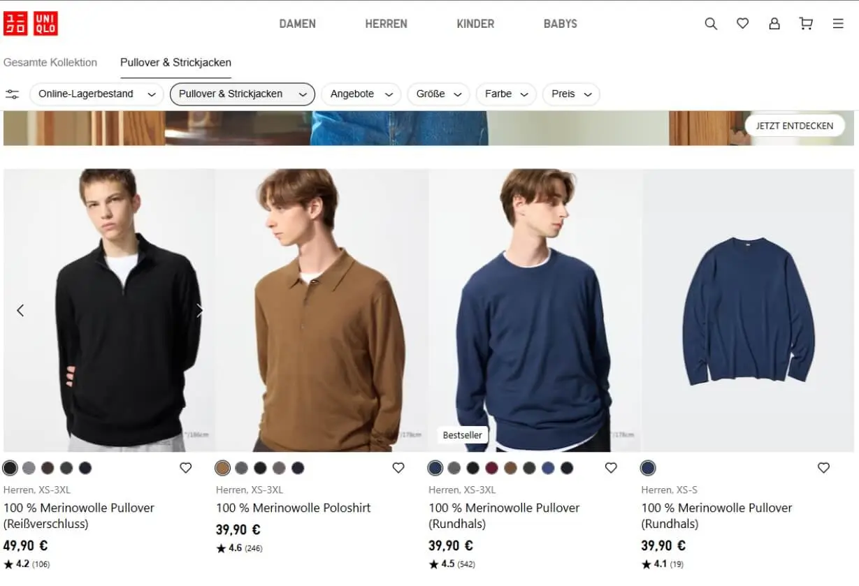Bild: Thumbnails des Uniqlo-Onlineshops