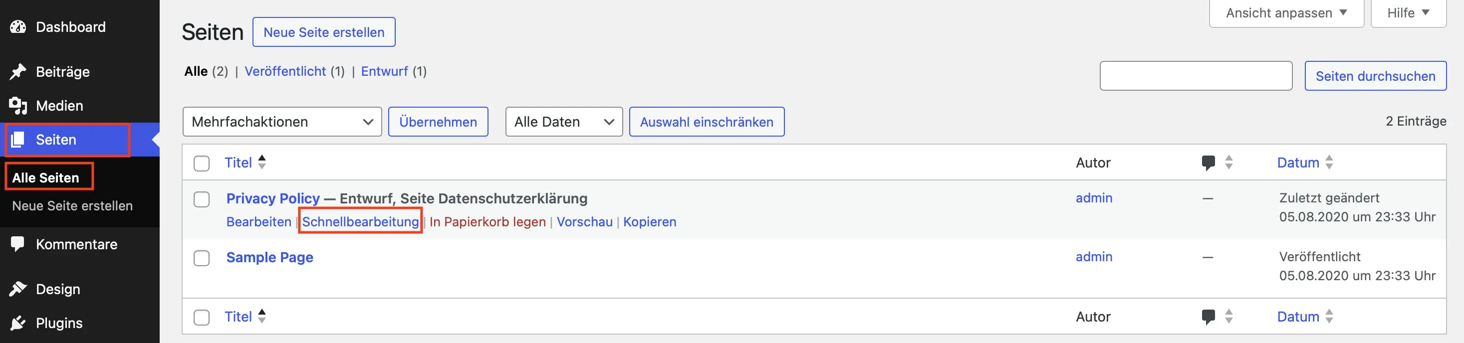 Bild: WordPress-Backend „Seiten“ – „Alle Seiten“ mit hervorgehobener „Schnellbearbeitung“-Funktion