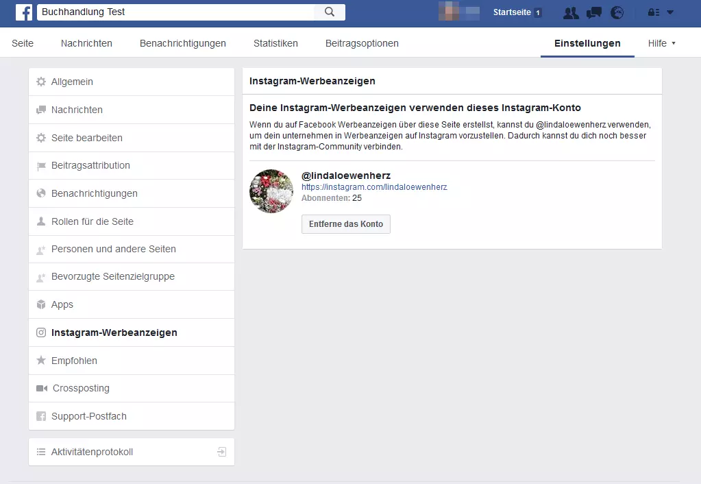 Das Instagram Profil ist nun mit dem Facebook-Konto verknüpft und taucht in der Übersicht auf