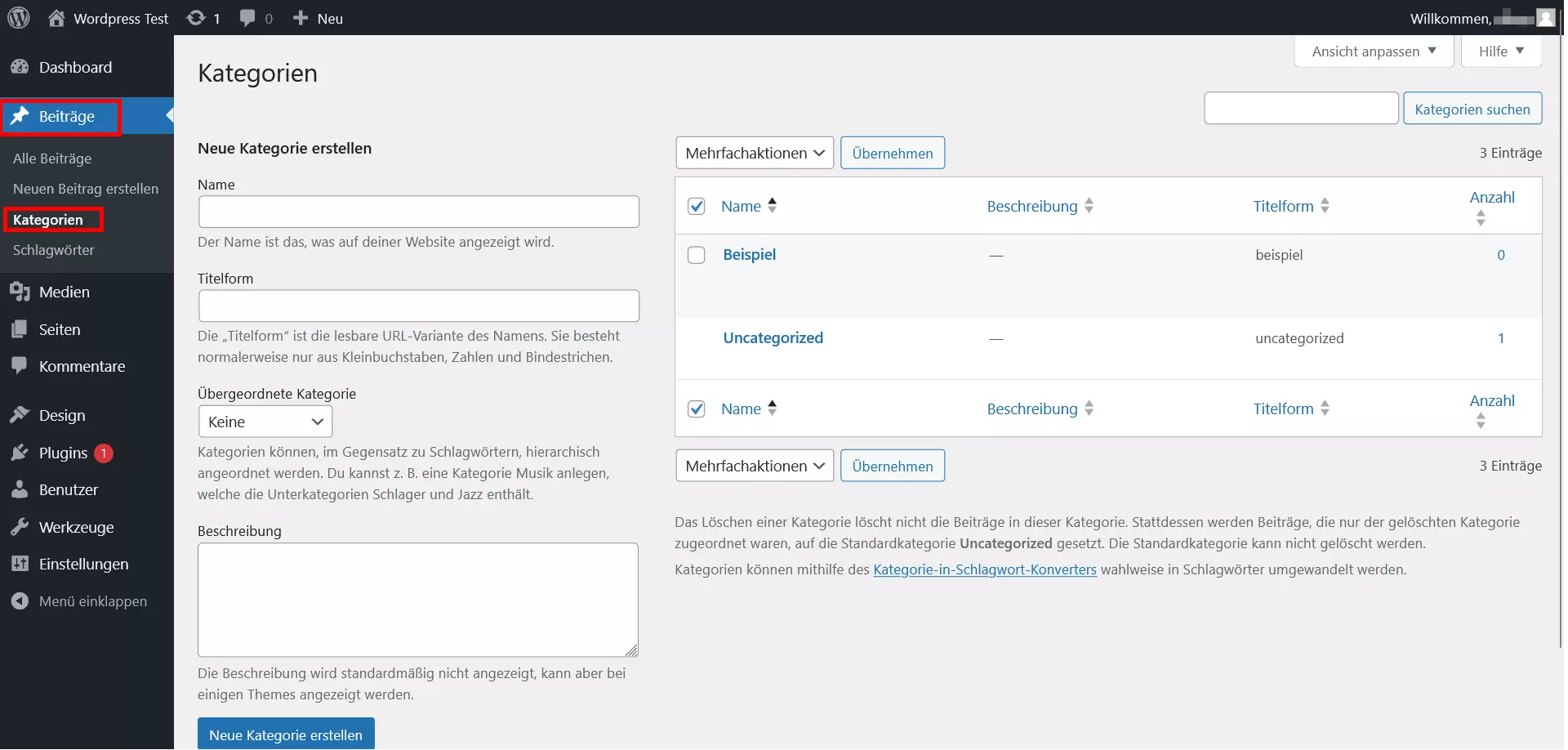 Kategorien-Ansicht im Dashboard von WordPress Kategorien-Ansicht im Dashboard von WordPress