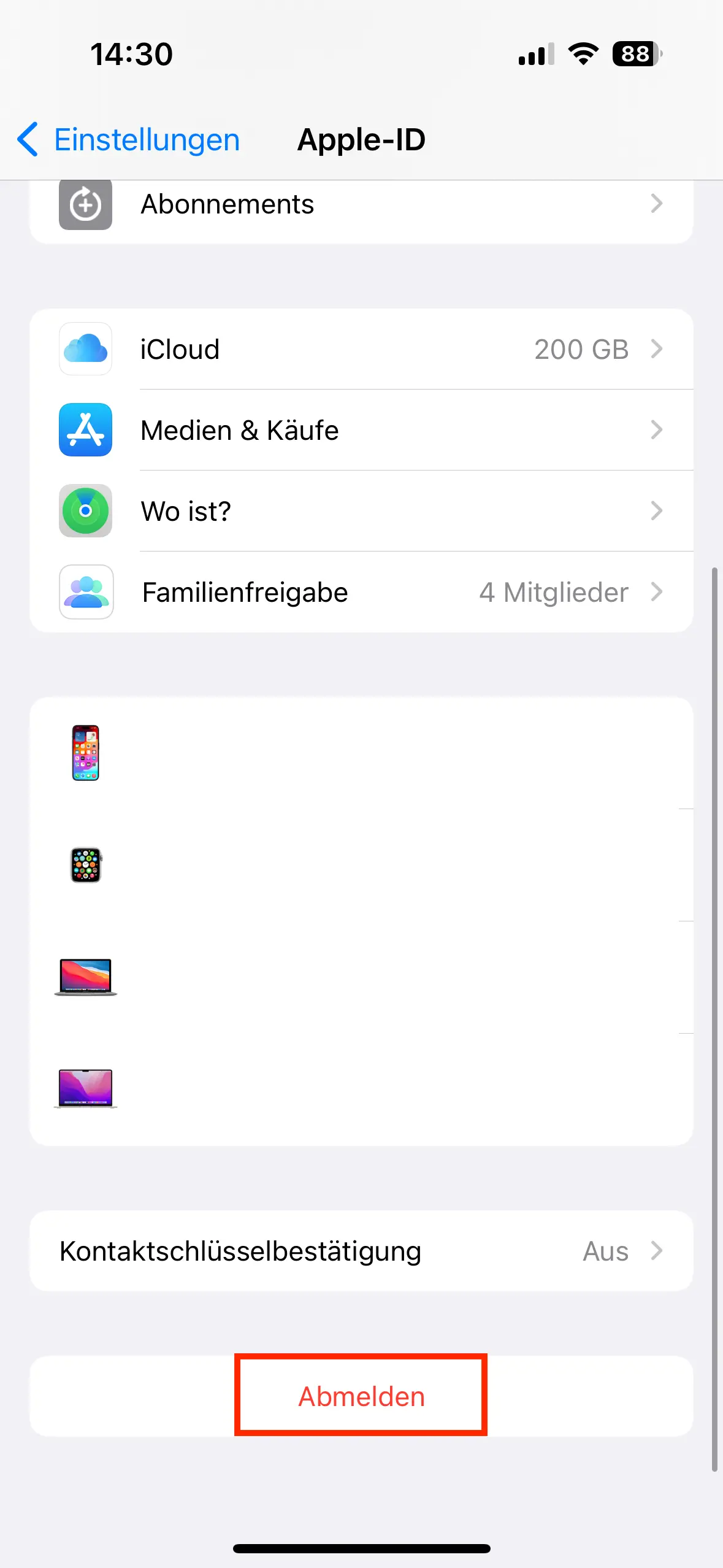 Schaltfläche „Abmelden“ im „Apple ID-Menü“ Bild: Schaltfläche „Abmelden“ im „Apple ID-Menü“