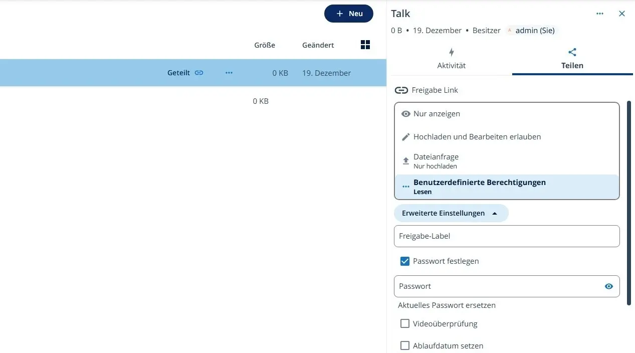Nextcloud: benutzerdefinierte Berechtigungen bei der Ordnerfreigabe Bild: Nextcloud: benutzerdefinierte Berechtigungen bei der Ordnerfreigabe